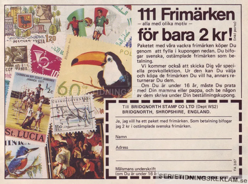 Reklam för möjligheten att köpa ett parti frimärken via postorder och börja samla på frimärken