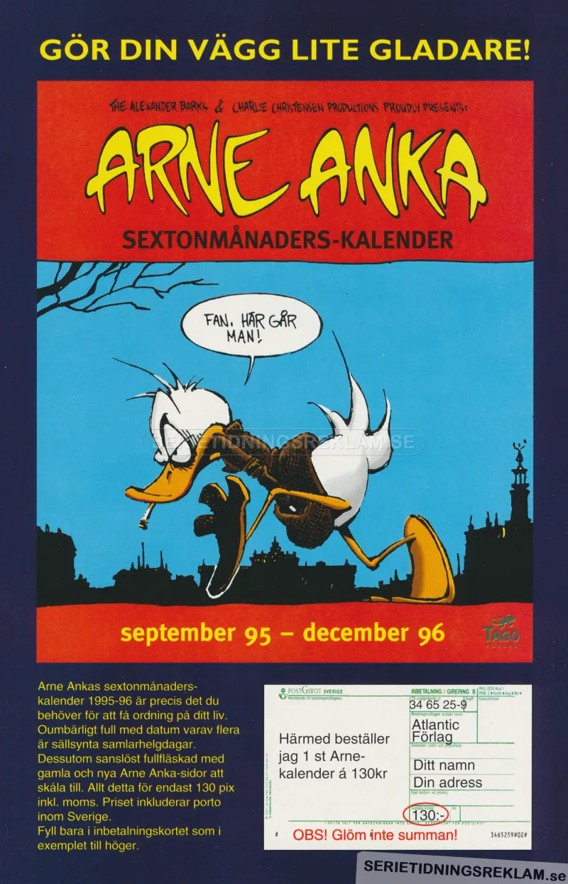 Reklam för en 16-månaderskalender med motiv från serien Arne Anka