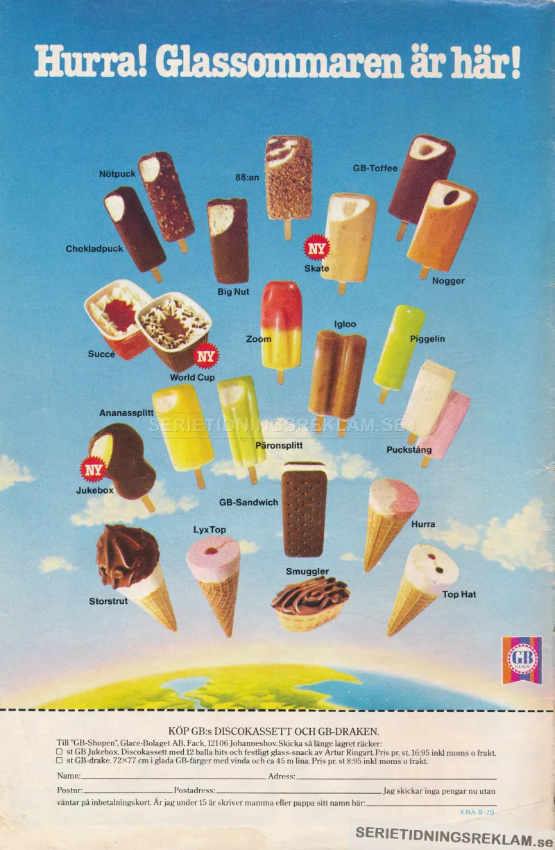 Reklam för GBs glassar. Bilden består av GBs sortiment 1979 samt en kupong där man kan skicka efter en kassett med musik och snack av Arthur Ringart.