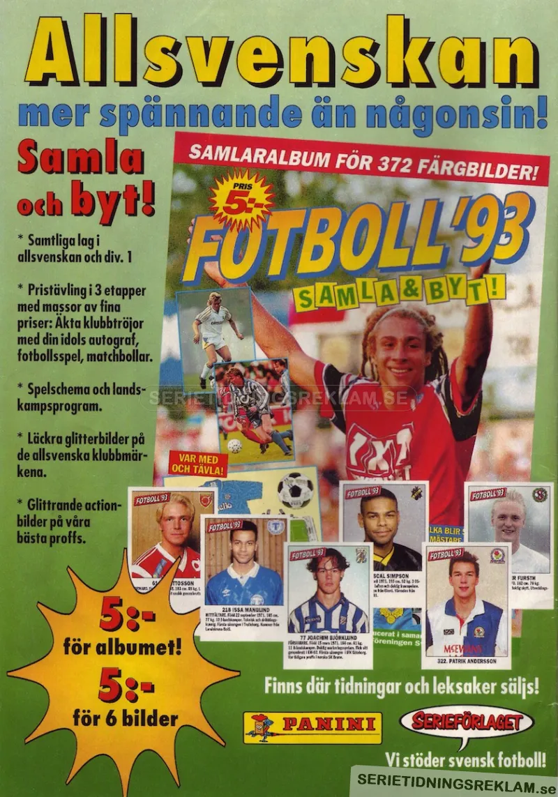 Reklam för Panini och Serieförlaget som ger ut samlaralbum och samlarbilder