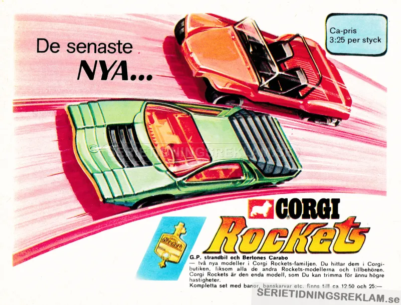 Reklam för bilar från Corgi rockets