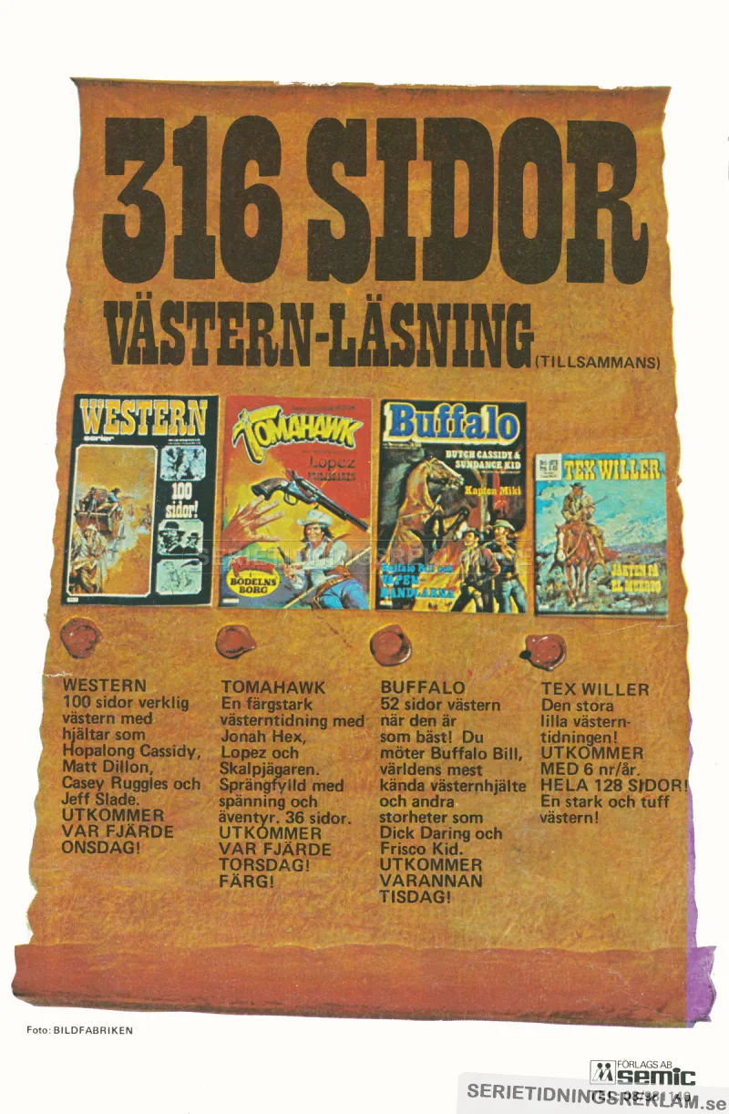 Reklam för fyra serietidningar med västern-tema: Western, Tomahawk, Buffalo och Tex Willer