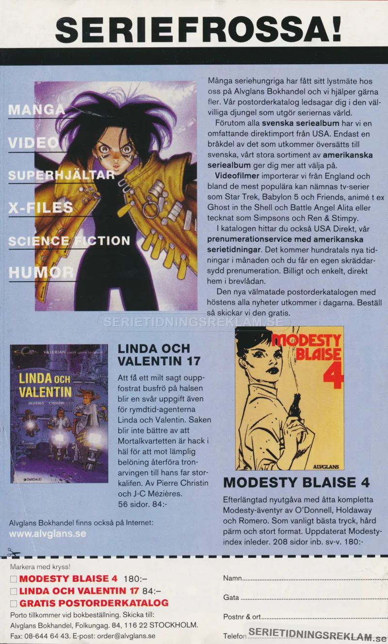 Reklamför Alvglans bokhandel som erbjuder postorderbeställning av utvalda seriealbum