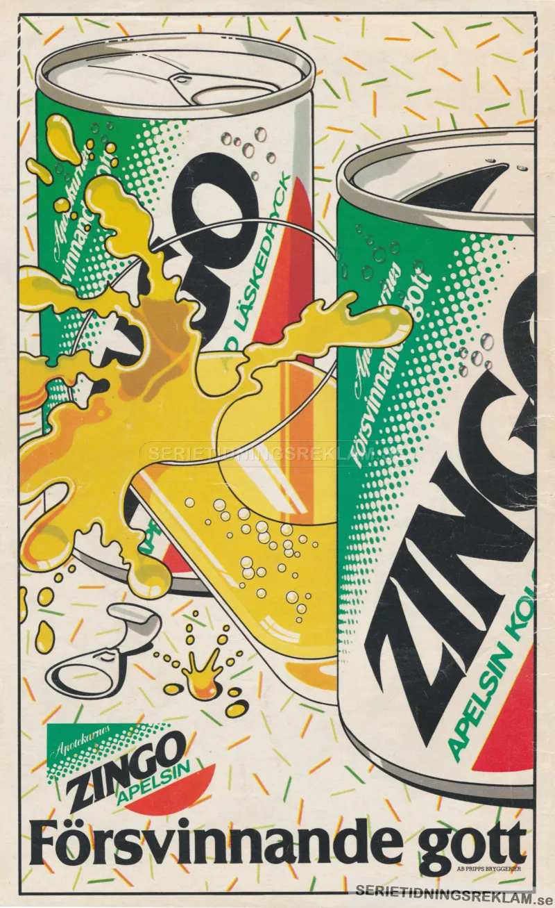 Illustration av två Zingo-burkar och ett glas med Zingo. Reklam från Apotekarnes