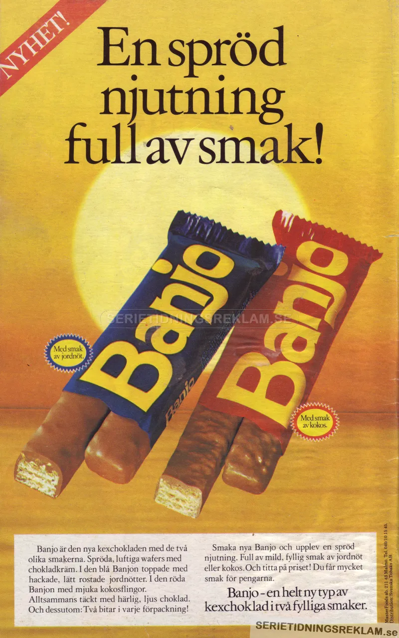 Annons för godisbiten Banjo, en ny sorts kexchoklad med smak av jordnöt eller kokos.