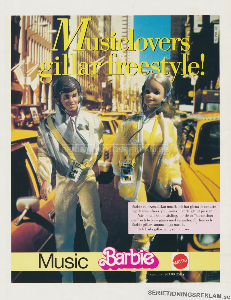 Foto av Barbie och Ken framför en massa gula taxibilar i New York