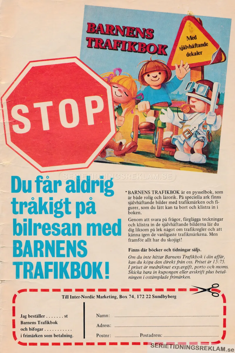 Annons för Barnens Trafikbok, en bok med nyttlig trafikinformation och spel och tidsfördriv när man ska ut och köra på vägarna