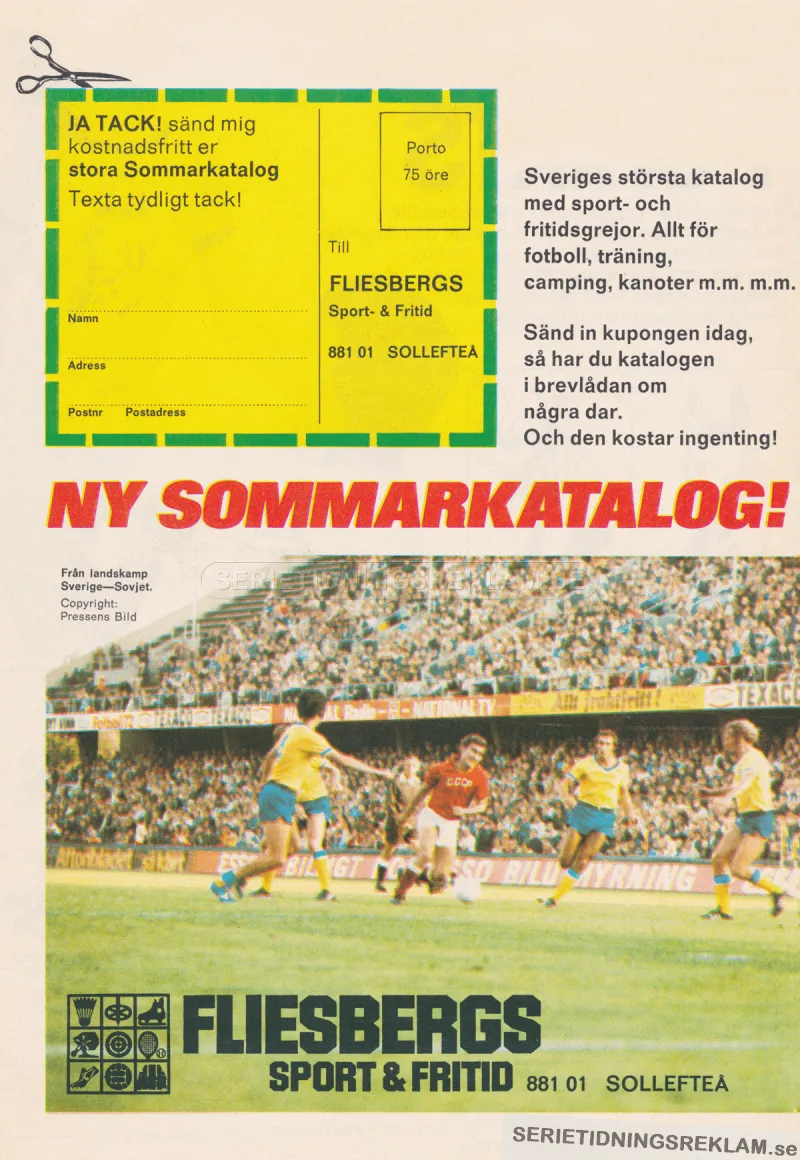 Reklam för Fliesbergs Sport & Fritid där man kan skicka efter en katalog