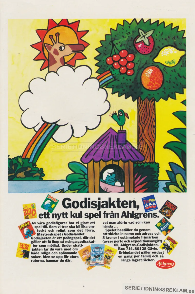 Reklam för spelet Godisjakten, ett brädspel som man kan beställa från Ahlgrens genom att skicka in 5 kronor i ett kuvert