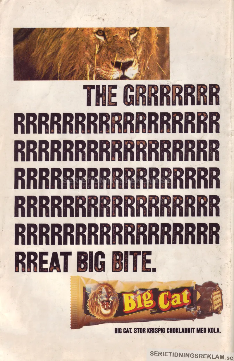 Reklam för chokladbiten Big Cat med en bild av ett lejon och copyn "The great big bite"