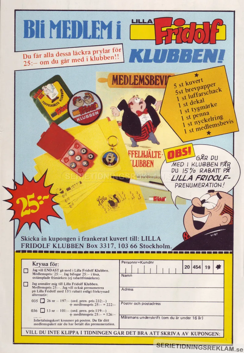 Reklam från tidningen Lilla Fridolf om att man kan bli medlem i Toffelhjälteklubben