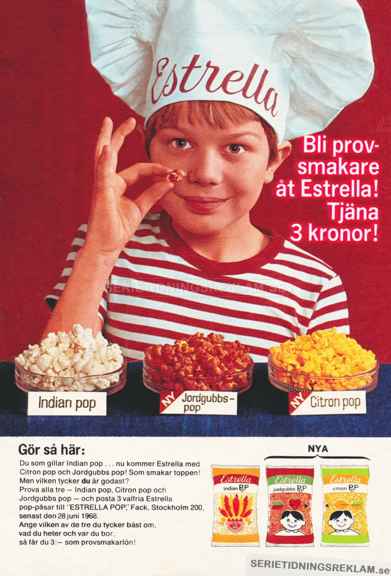 Reklam från Estrella som visar upp tre olika sorters popcorn med olika smaker