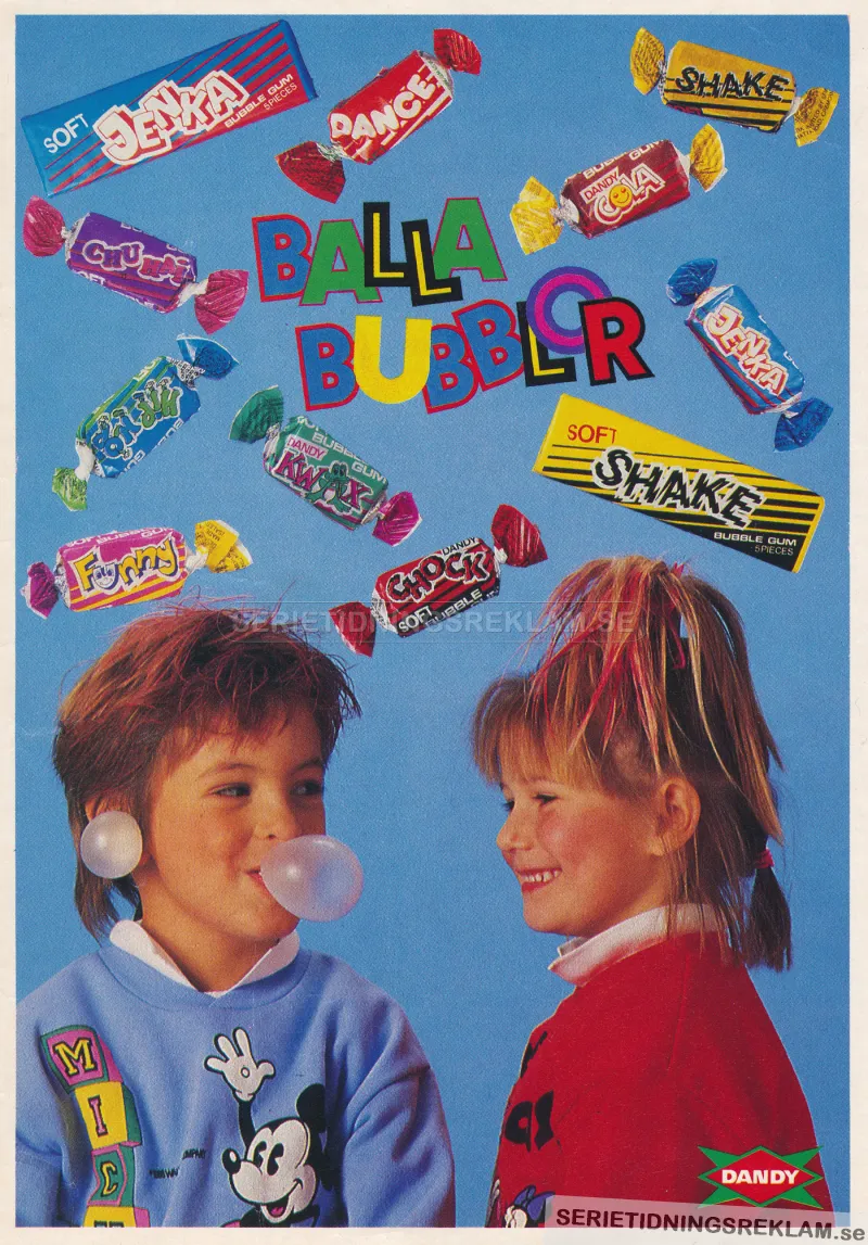 Reklam för Dandy tuggummi med en pojke och en flicka med en massa tuggummi runt sig