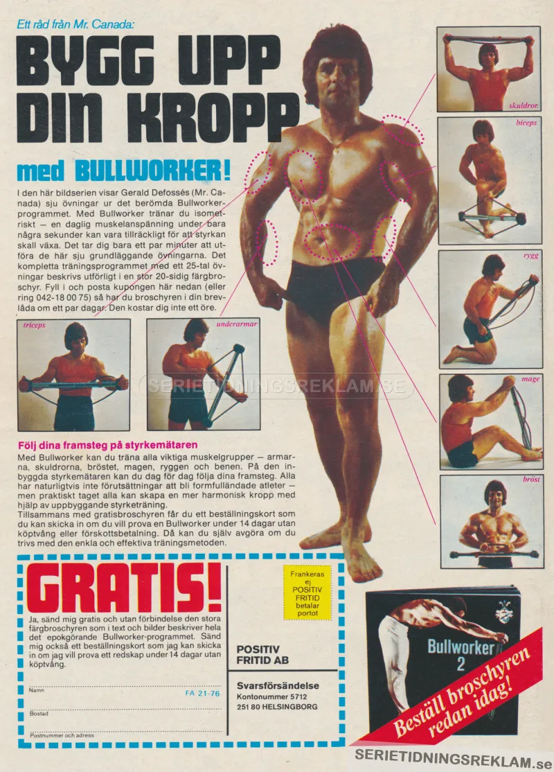 Reklam för träningsredskapet Bullworker med en muskulöse Mr Canada som visar femstycken olika övningar på bild