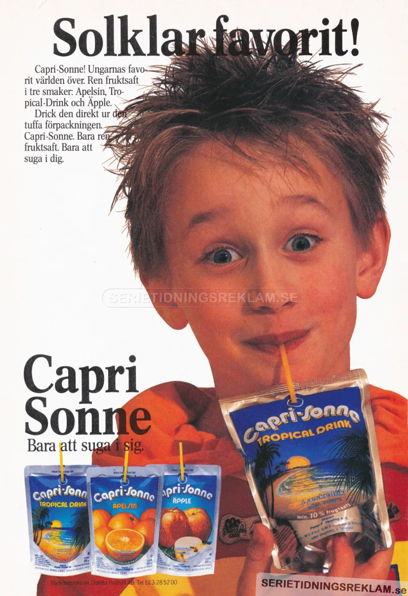 Reklam för drycken Capri Sonne där en pojke dricker drycken med sugrör