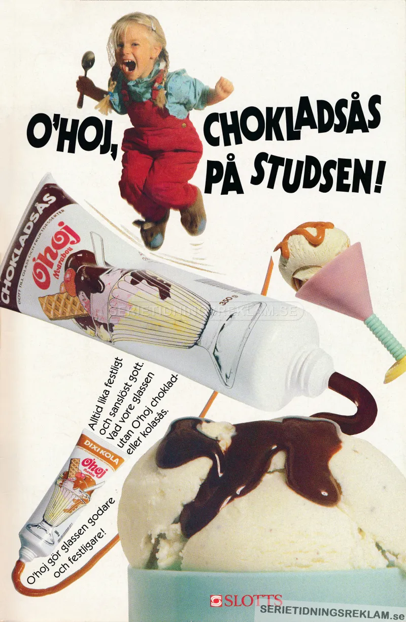 En flicka hoppar av glädje när hon ska få glass med Ohoj chokladsås från Slotts