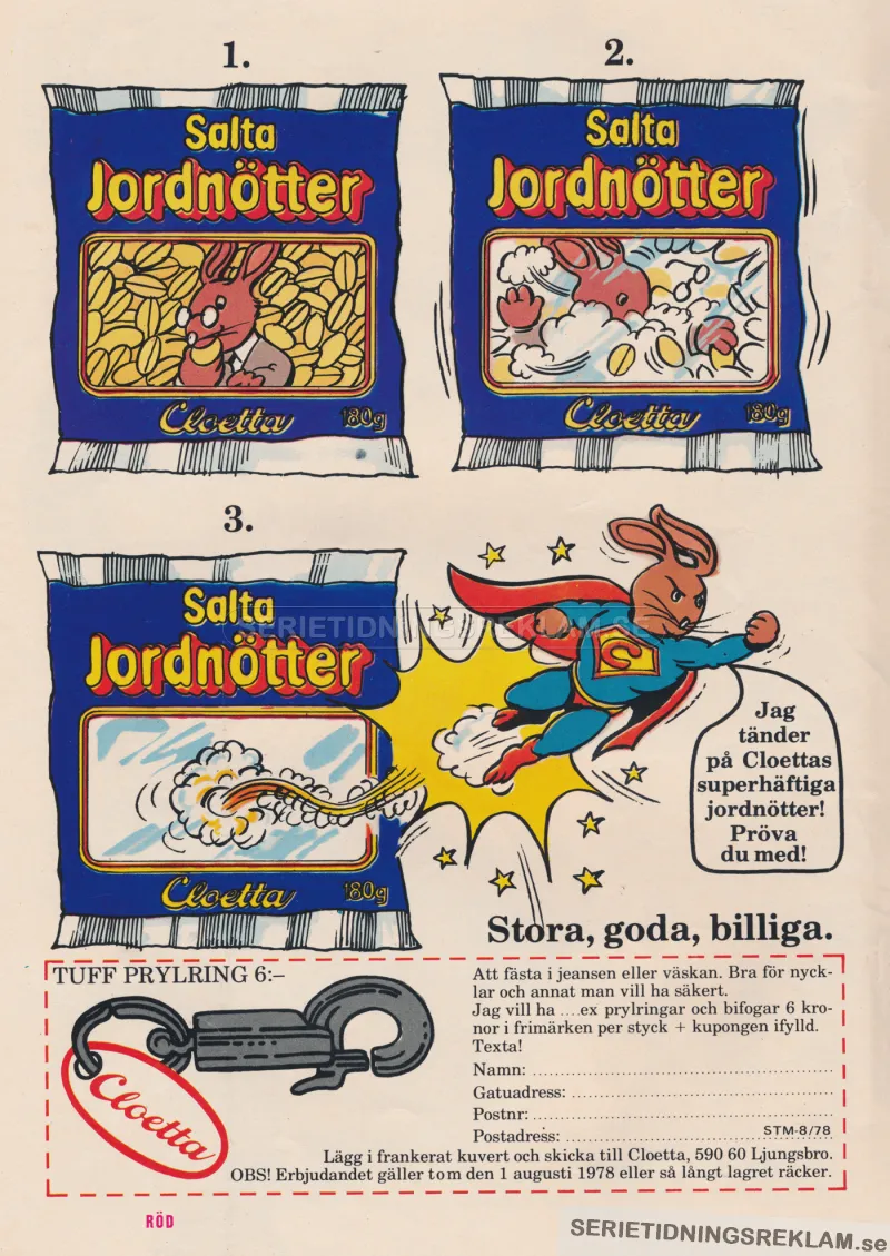 Reklam för jordnötter från Cloetta där man även kan skicka efter en nyckelring på postorder