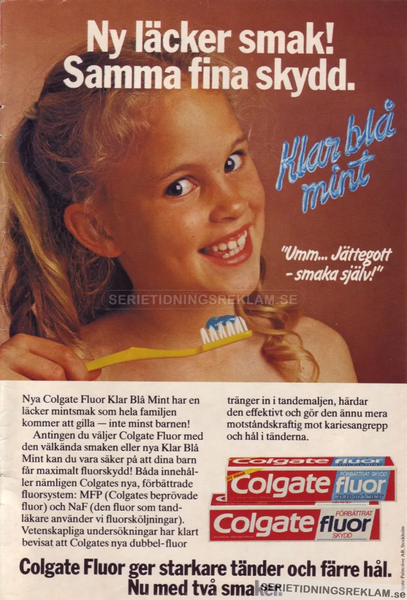 Annons för Colgate tandkräm med en tjej med vita tänder som ler mot kameran