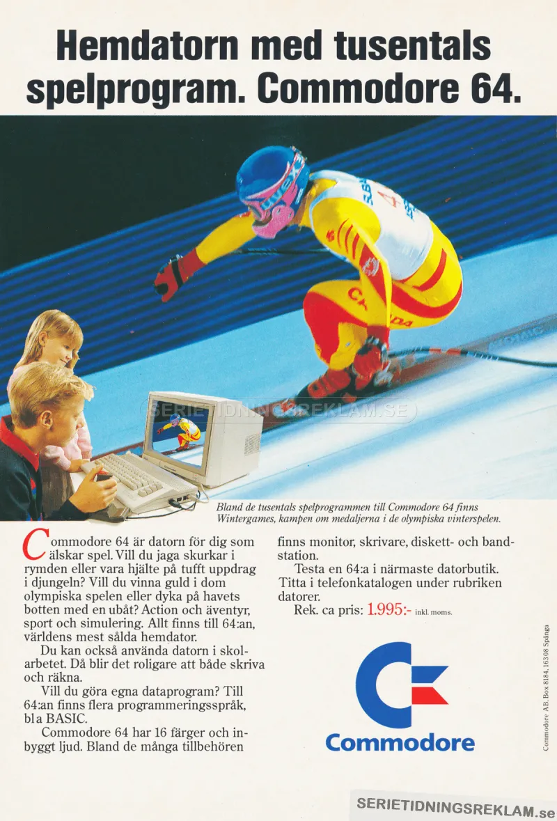 Annons för hemdatorn Commodore 64 med en skidåkare på skärmen och två personer som spelar spelet