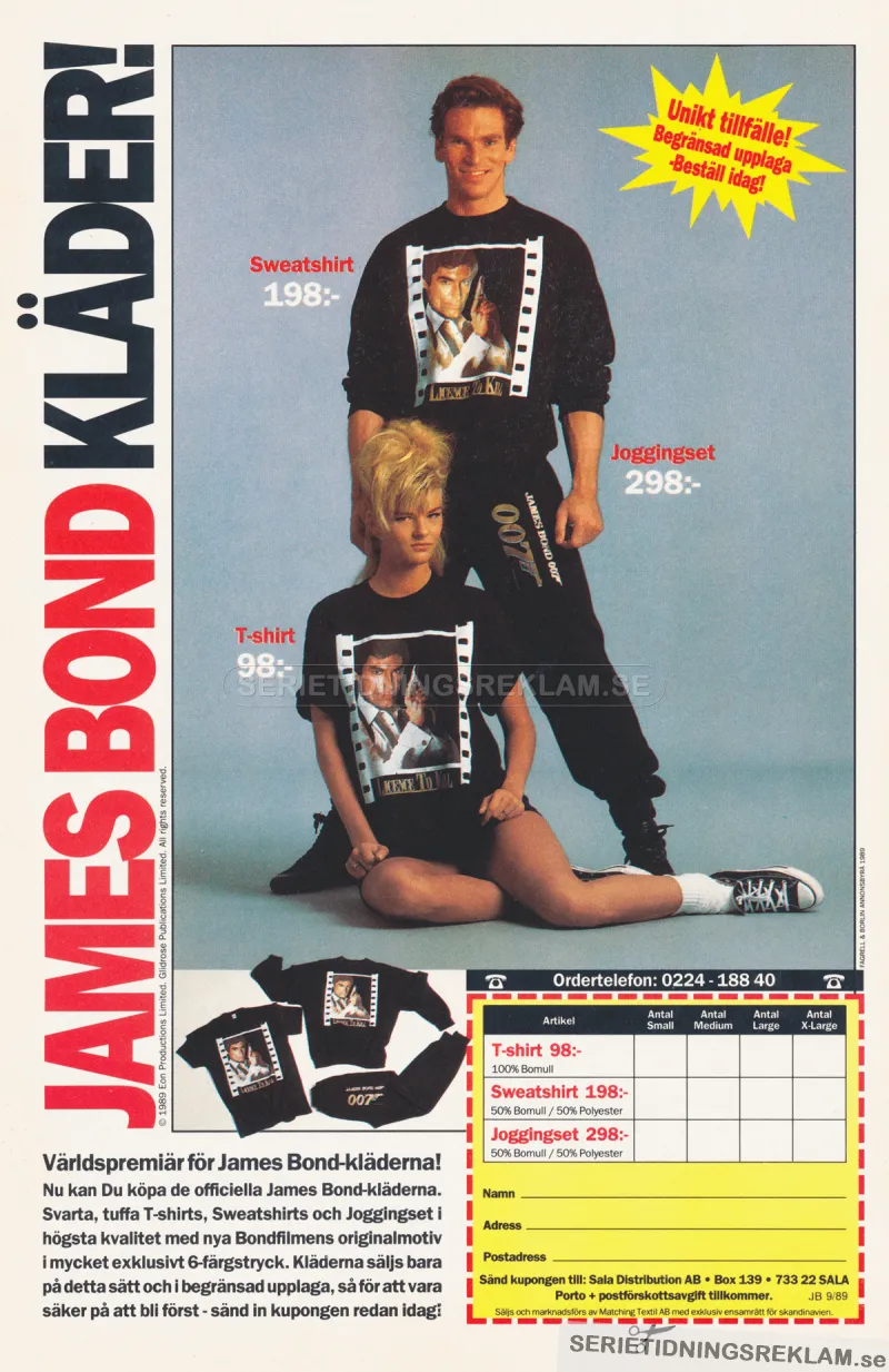 Reklam från Sala Distribution som säljer kläder med James Bond-tryck