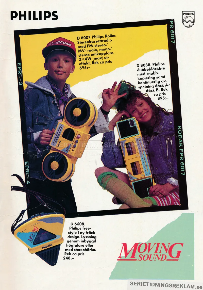 Reklam för Philips portabla stereoapparater och freestyle med två ungdomar i jeanskläder som visar upp produkterna