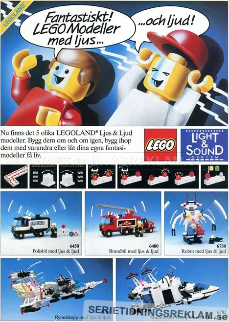 Reklam för LEGO Light & Sound där det visas upp 5 byggsatser där ljus och ljud är en nyhet i LEGO-sammanhanget