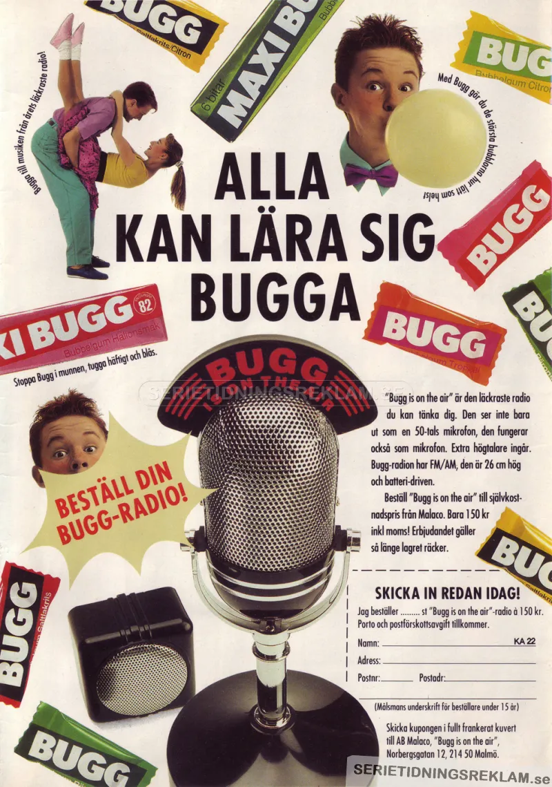 Tävlingsannons från Malaco och tuggummit Bugg där man kan vinna en radio som ser ut som en gammal radiomikrofon