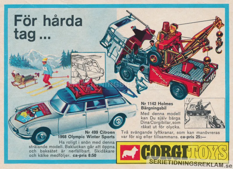 Annons som visar två nya leksaksbilar från Corgi Toys - en sportbil och en bärgningsbil