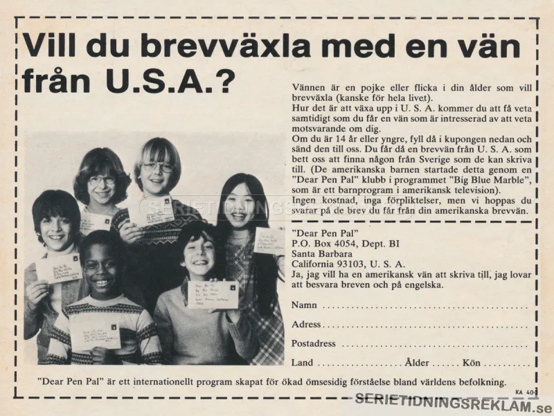 Reklam för Dear Pen Pal, en tjänst där du kan hitta en brevvän i USA