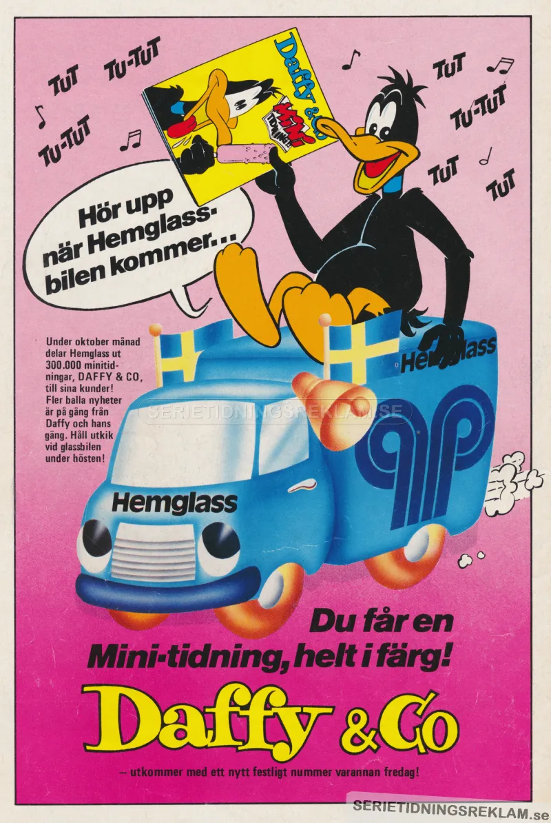 Annons för glassen Daffy från Hemglass där glassköparna även kunde få en minitidning av Daffy & Co