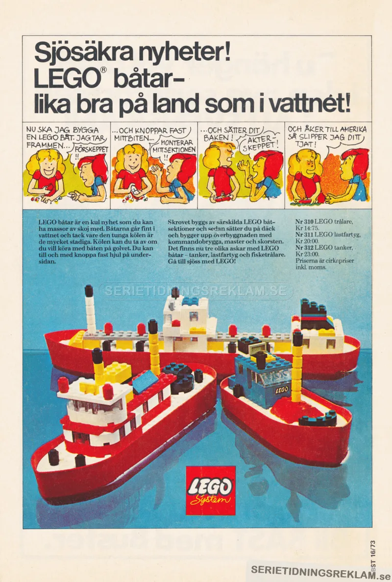 Reklam för LEGO med en kort seriestripp och sedan en produktbild på båtar ifrån LEGO