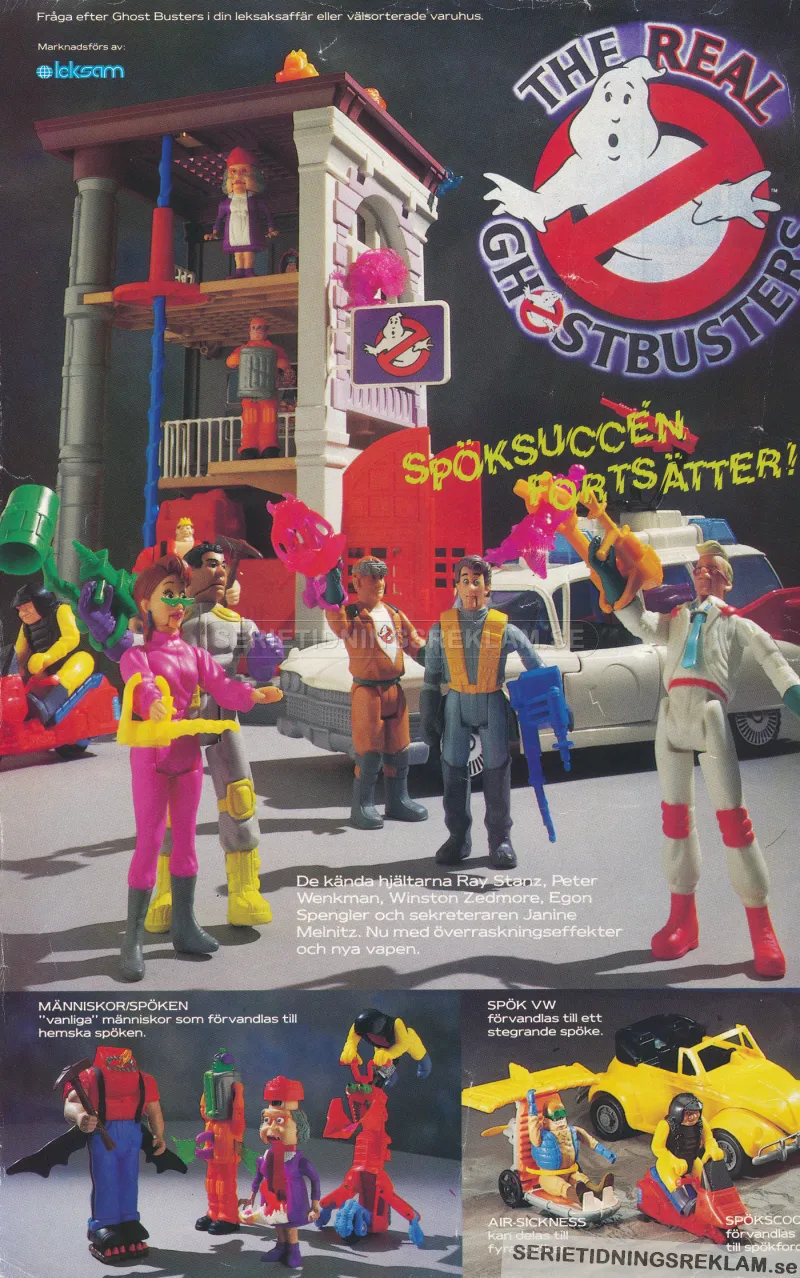 Reklam för The Real Ghostbusters där man ser en massa figurer, fordon och byggnader från leksaksserien