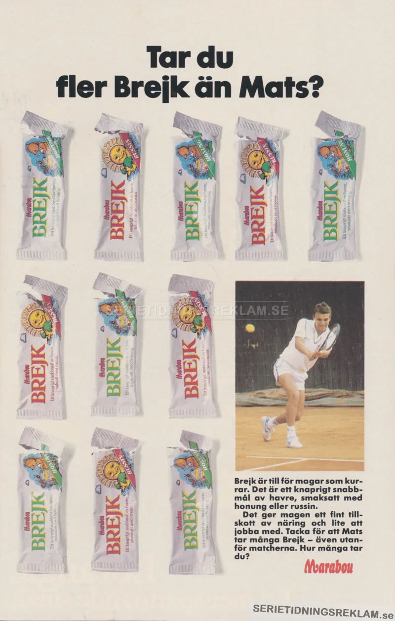 Reklam för chokladbiten Brejk där tennisspelaren Mats Wilander finns med som foto, uppställd bredvid 11 förpackningar av Brejk