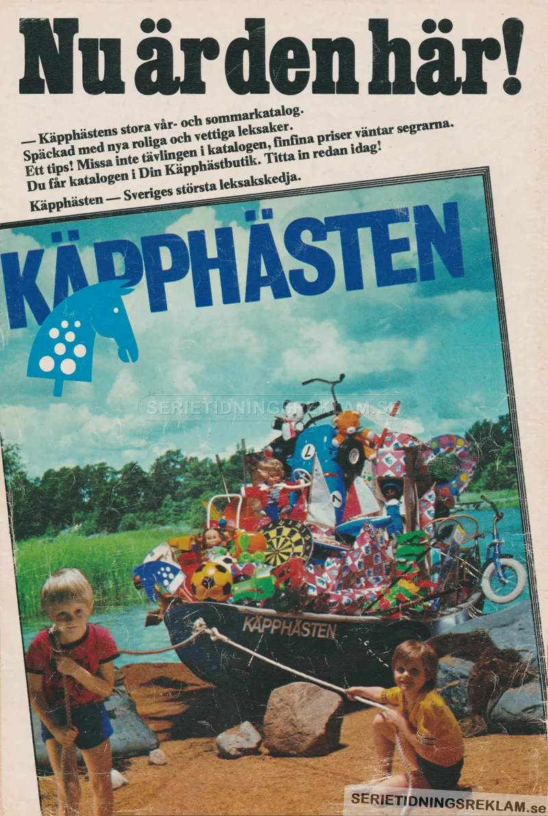 Reklam för leksakskatalogen Käpphästen där man ser två barn dra i land en roddbåt full med leksaker