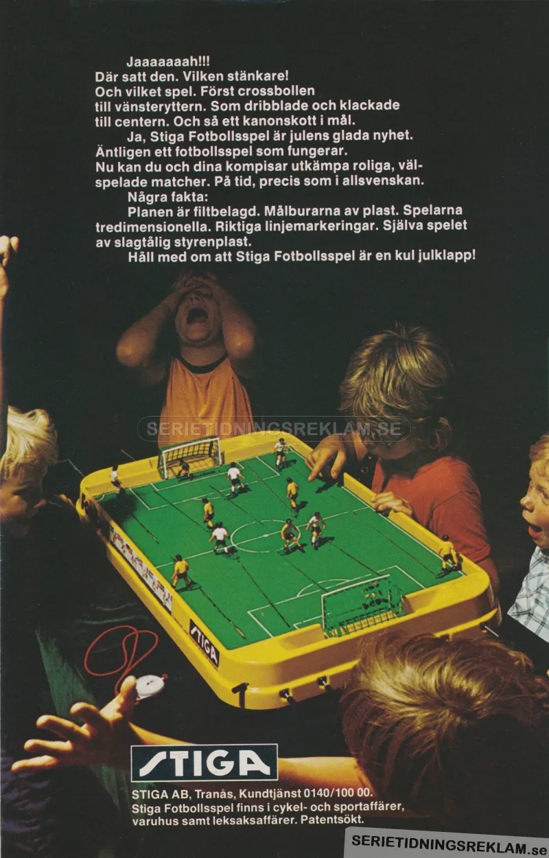 Reklam för bordsfotbollsspel från Stiga med fem barn som spelar spelet