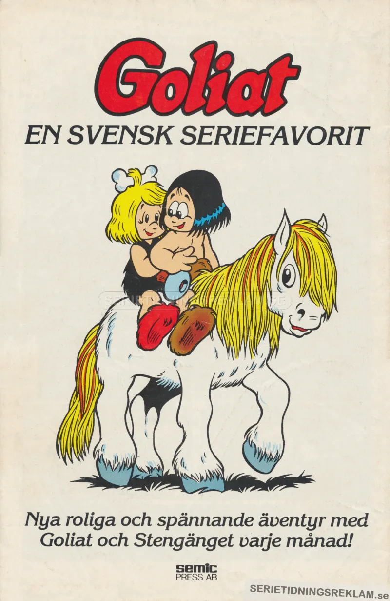 Reklam för serietidningen Goliat med en illustration av några av figurerna, sittandes på en häst