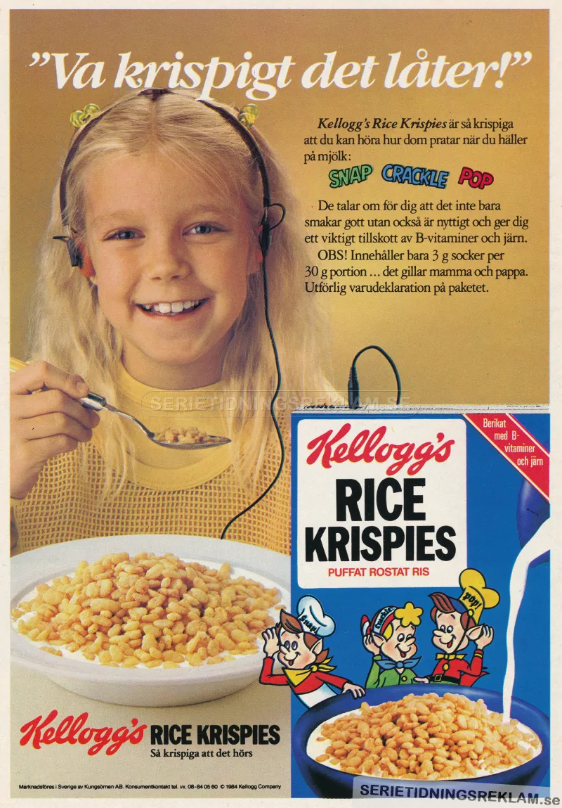 Reklam för frukostflingorna Rice Krispies med ett foto av en flicka som äter dessa