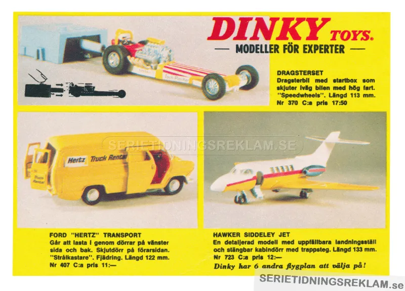 Reklam för tre nya modeller från Dinky Toys