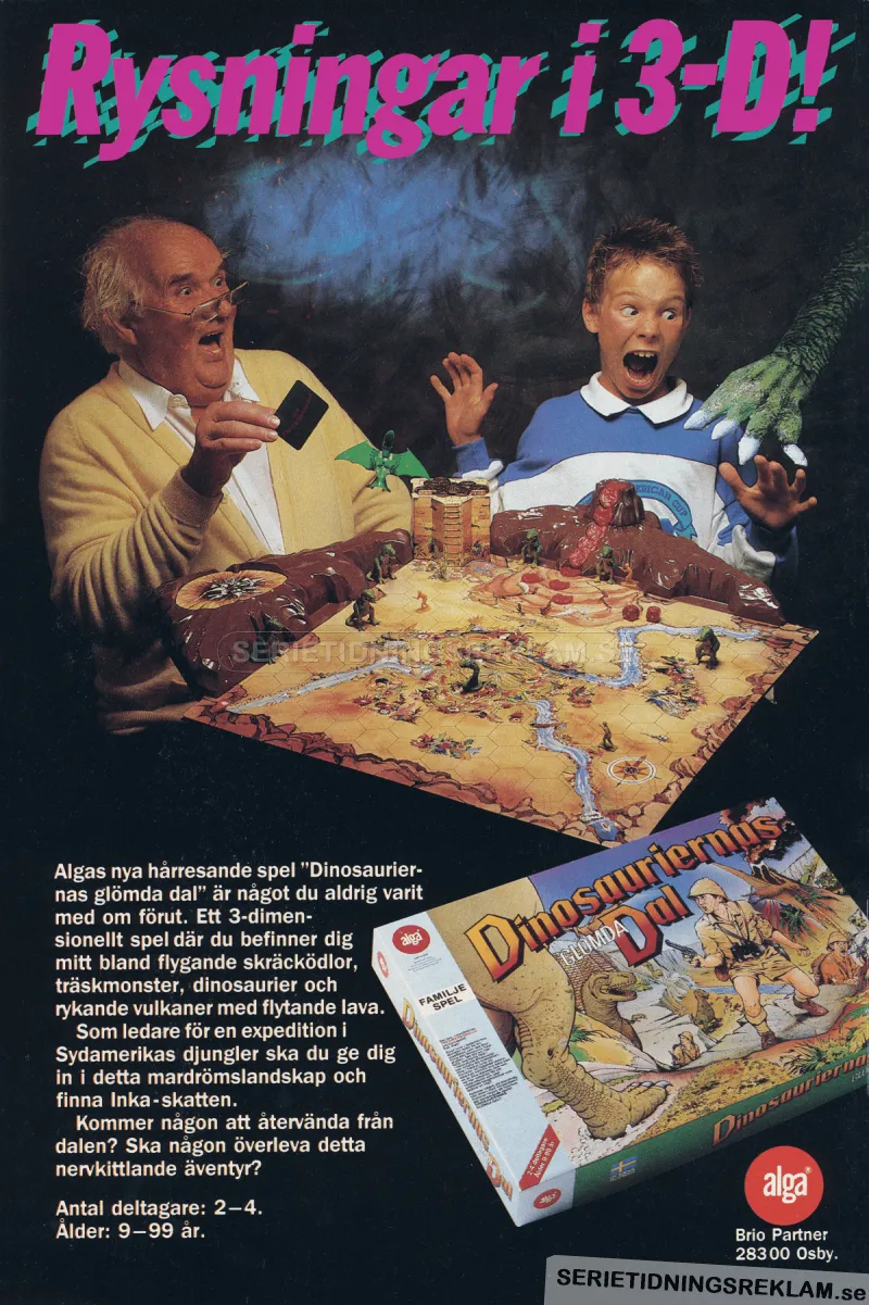 Reklam för brädspelet Dinosauriernas glömda dal med ett foto på två personer som spelar spelet och en ödlearm som kommer in från höger och skrämmer dem