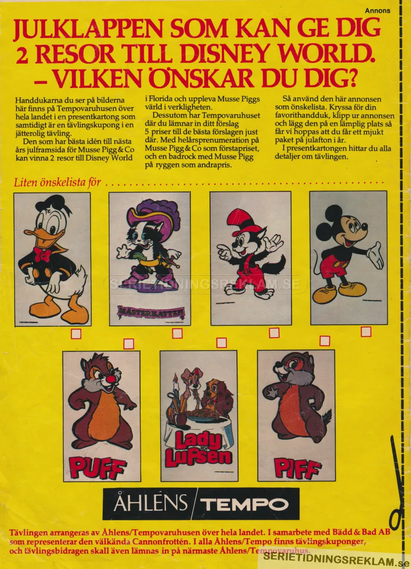 Annons för en tävling med Åhlens och Disney där man kan vinna en resa till Disneyworld i Florida