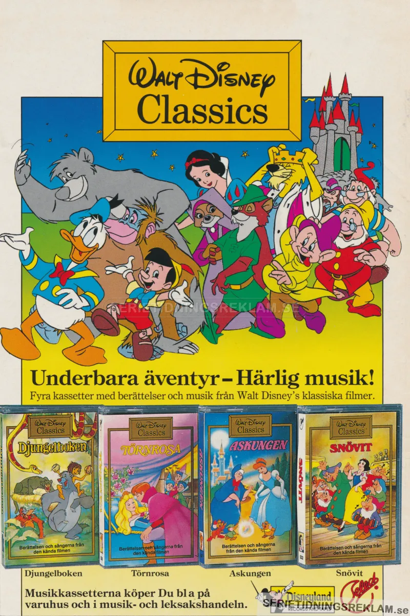Reklam för kassettband med klassiska sagor från Walt Disney: Djungelboken, Törnrosa, Askungen och Snövit