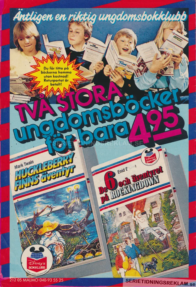 Reklam för Disneys bokklubb med klassiker från författare som Mark Twain och Enid Blyton