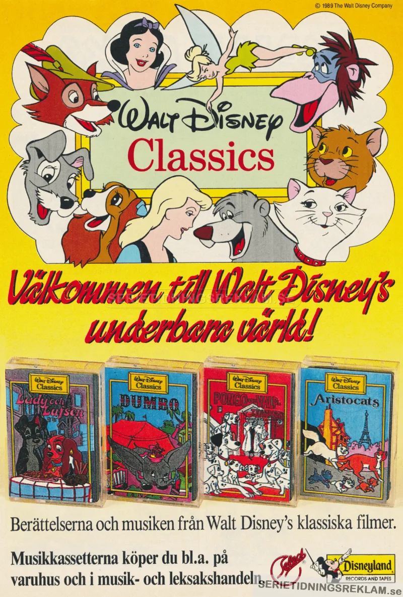 Reklam för kassetter med sagor och musik från Walt Disneys klassiska filmer
