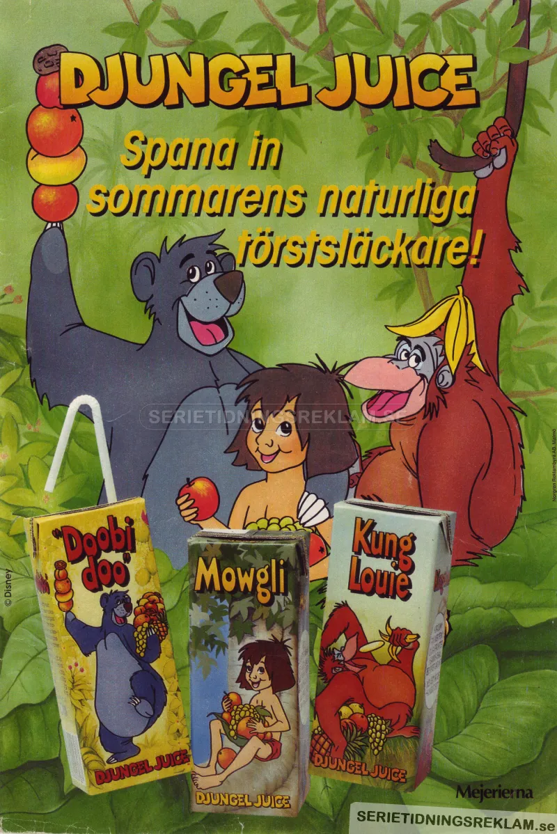 Annons för djungeljuice med en bild på Mowgli, apan Kung Louie och björnen Baloo från Djungelboken