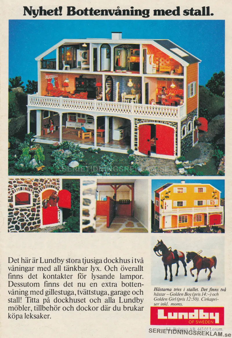 Reklam för dockhuset från Lundby som nu har en extra bottenvåning med stall och gillestuga