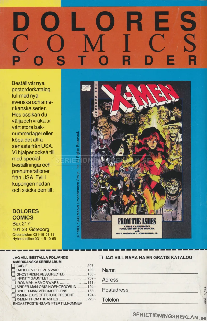 Reklam från Dolores Comics i Göteborg där man erbjuds köpa serietidning på postorder. På bilden syns ett omslag från tidningen X-men
