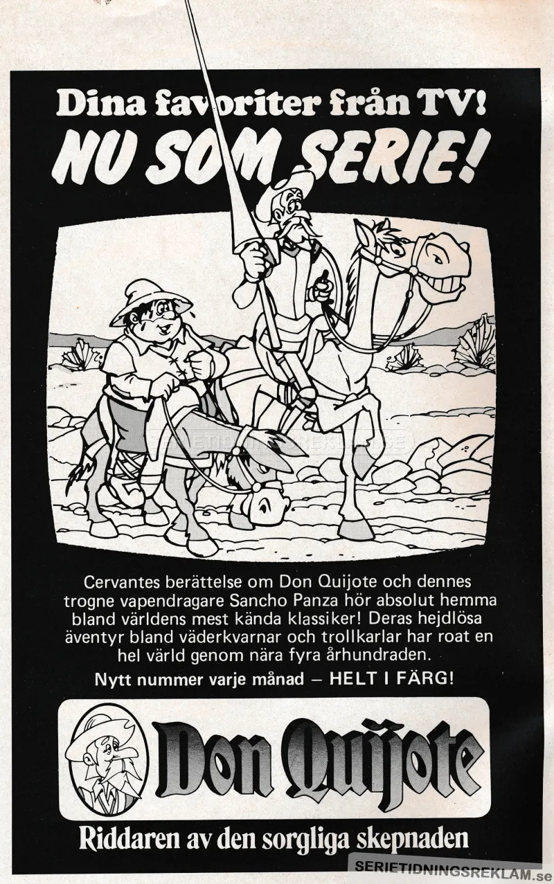 Reklam för den tecknade tv-serien, och serietidningen, Don Quijote