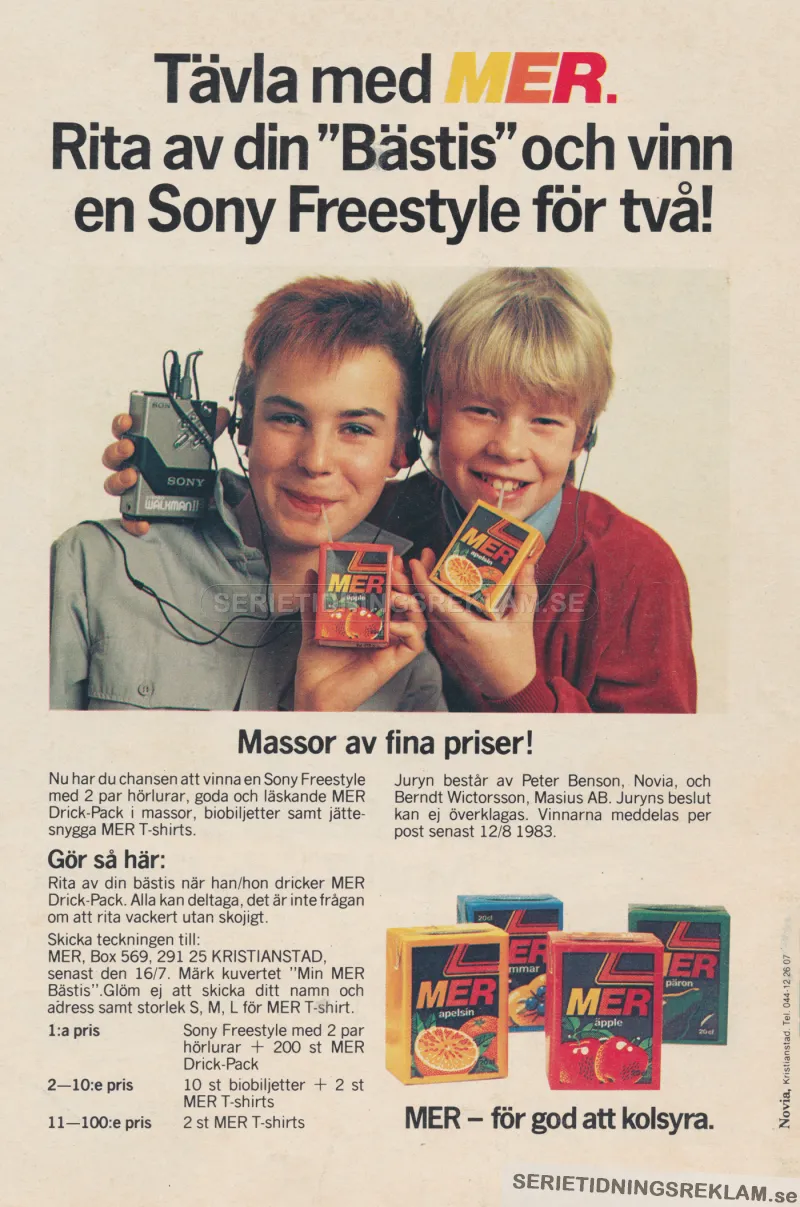 Tävlingsreklam för drycken MER där man kan vinna freestyles, biobiljetter och t-shirts