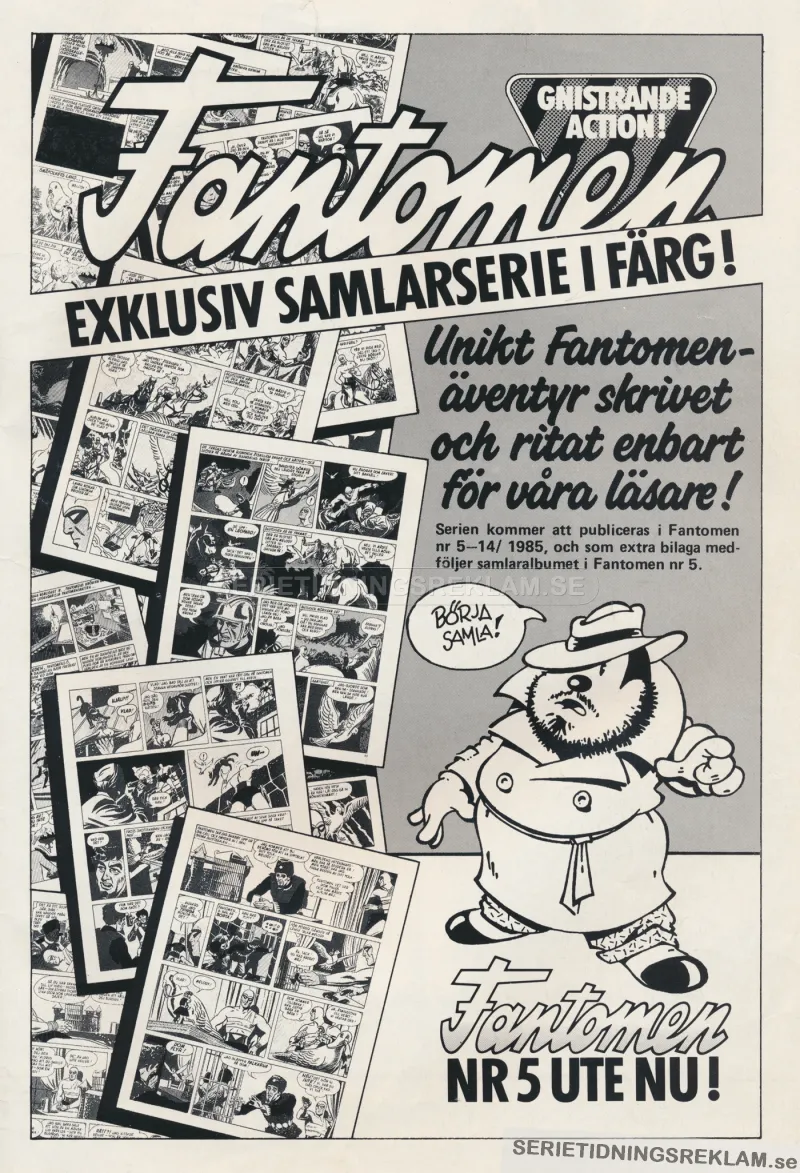 Reklam i svartvitt för Fantomen och påhittet att ha en samlarserie som väl ihopsamlat blir ett nytt Fantomenäventyr