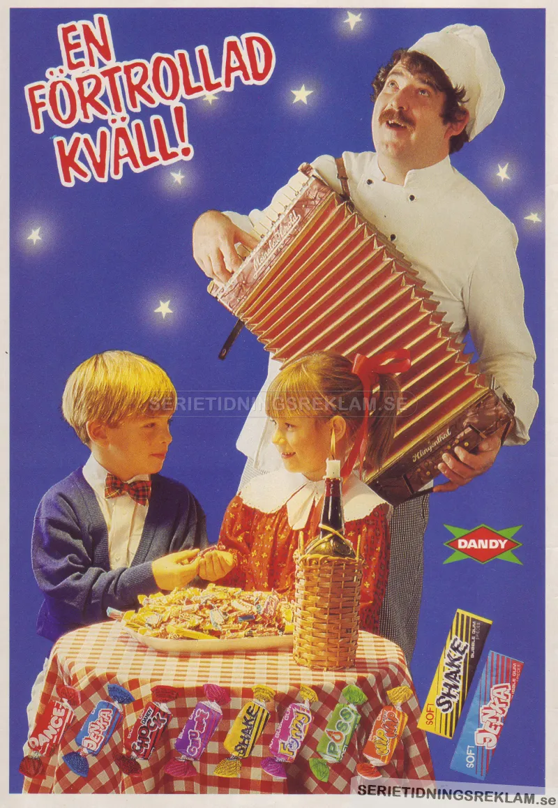 Reklam för Dandy tuggummi där en pojke och en flicka sitter vid ett restaurangbord med en dragspelande kock bredvid sig